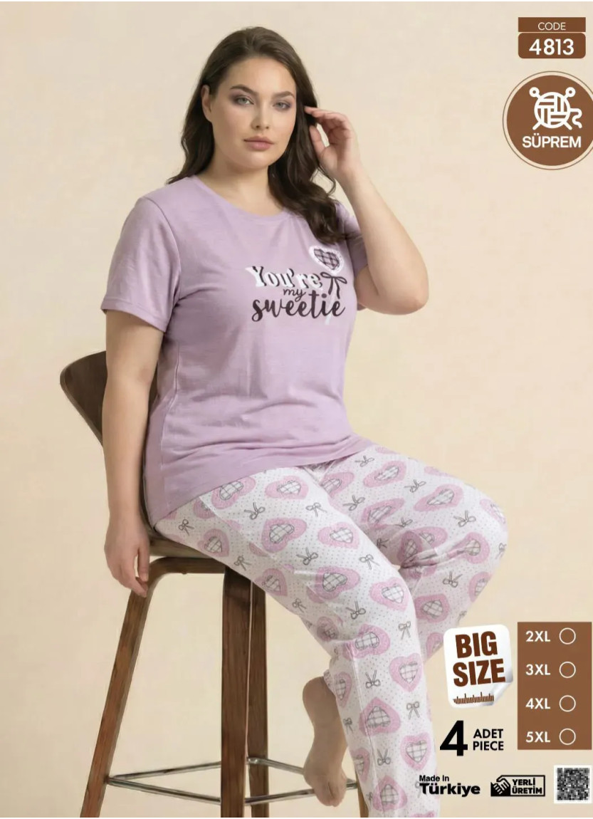 Женская Пижама с Футболкой и Брюками из Супрема (3XL+4XL+5XL+6XL) SÜPREM Pijamo 4813 — фабричная коллекция оптом