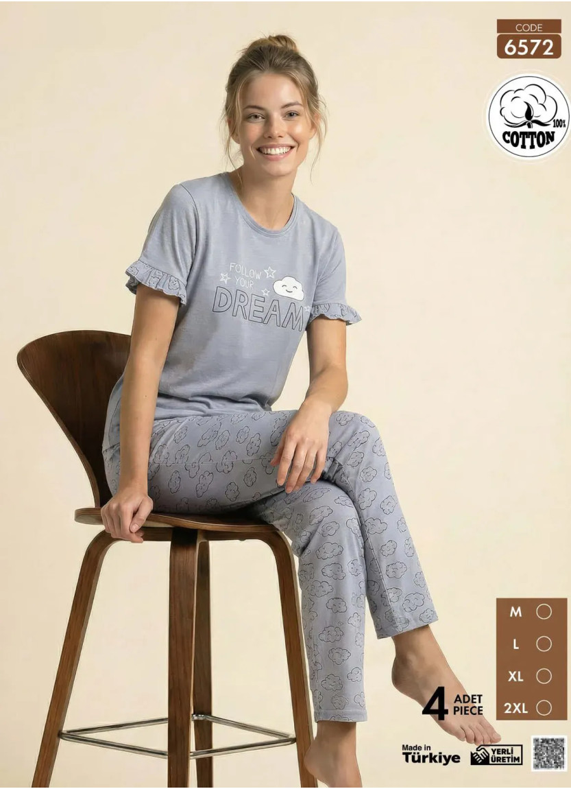 Женская Пижама с Футболкой и Брюками из Хлопка (M+L+XL+2XL) Cotton Pijamo 6572 — прямые поставки из Турции