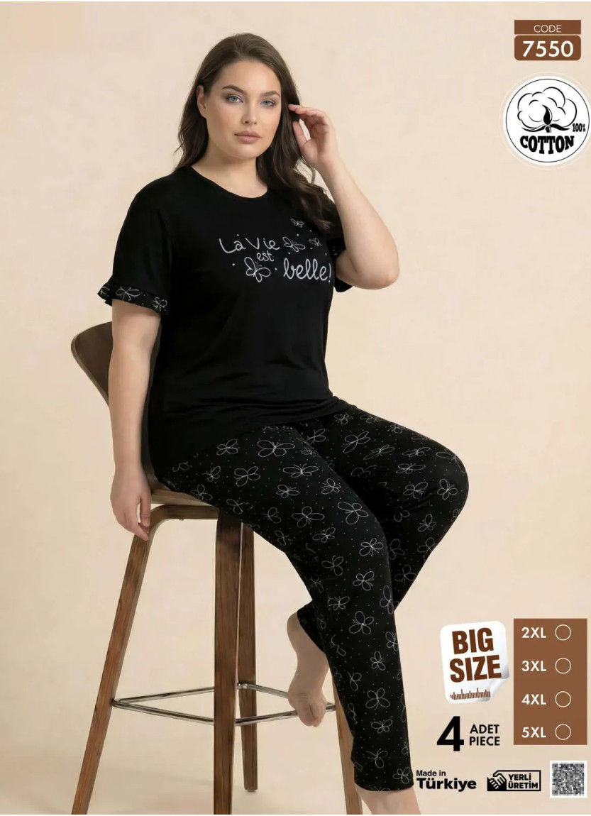 Женская Пижама с Футболкой и Брюками из Хлопка (3XL+4XL+5XL+6XL) Cotton Pijamo 7550 — прямые поставки из Турции
