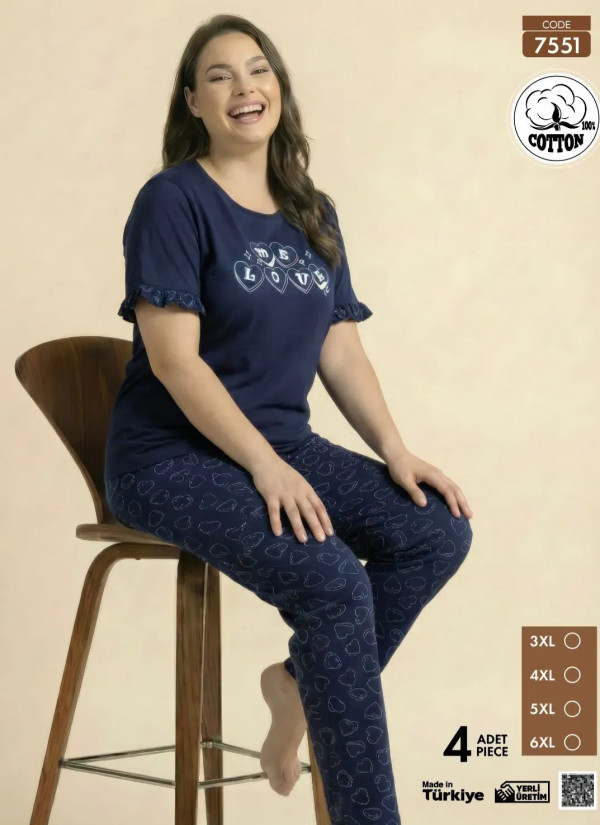Pijamo 7551 Cotton Women's Pajama Set (3XL+4XL+5XL+6XL) — Turkish factory wholesale