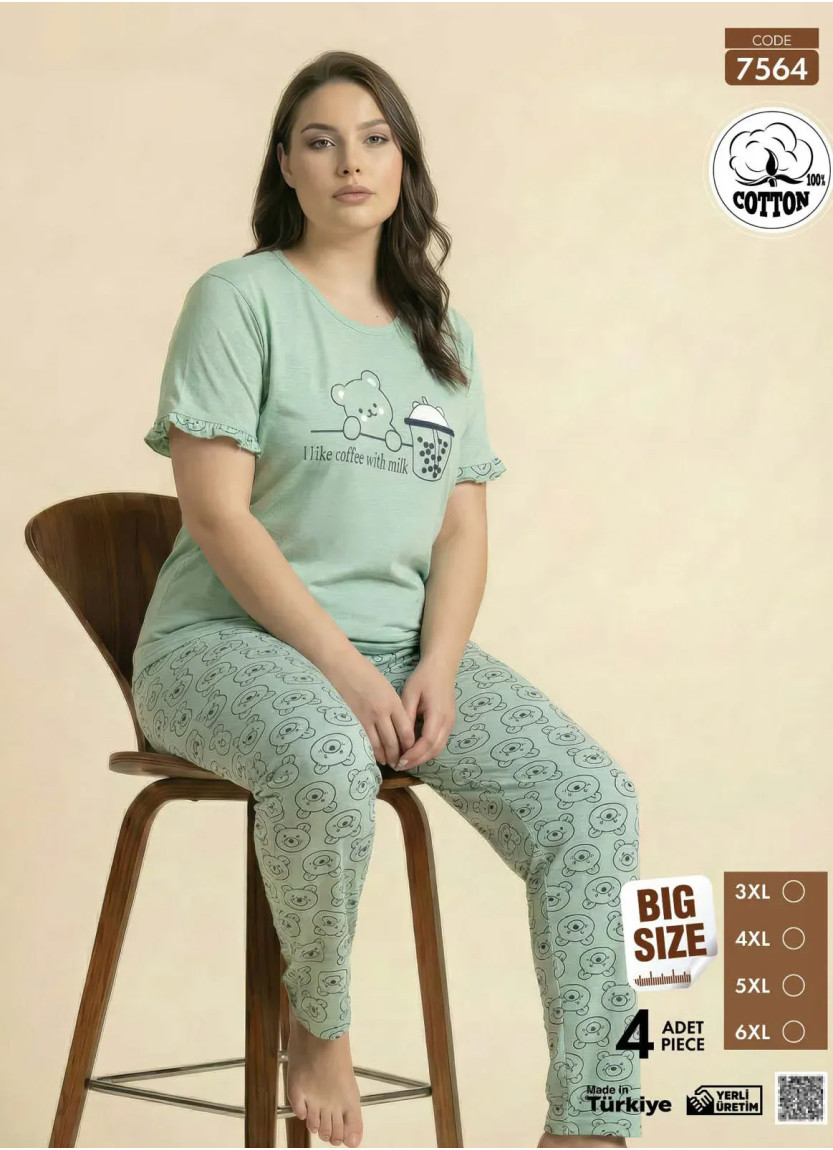 Женская Пижама с Футболкой и Брюками из Хлопка (3XL+4XL+5XL+6XL) Cotton Pijamo 7564 — оптом от турецкой фабрики