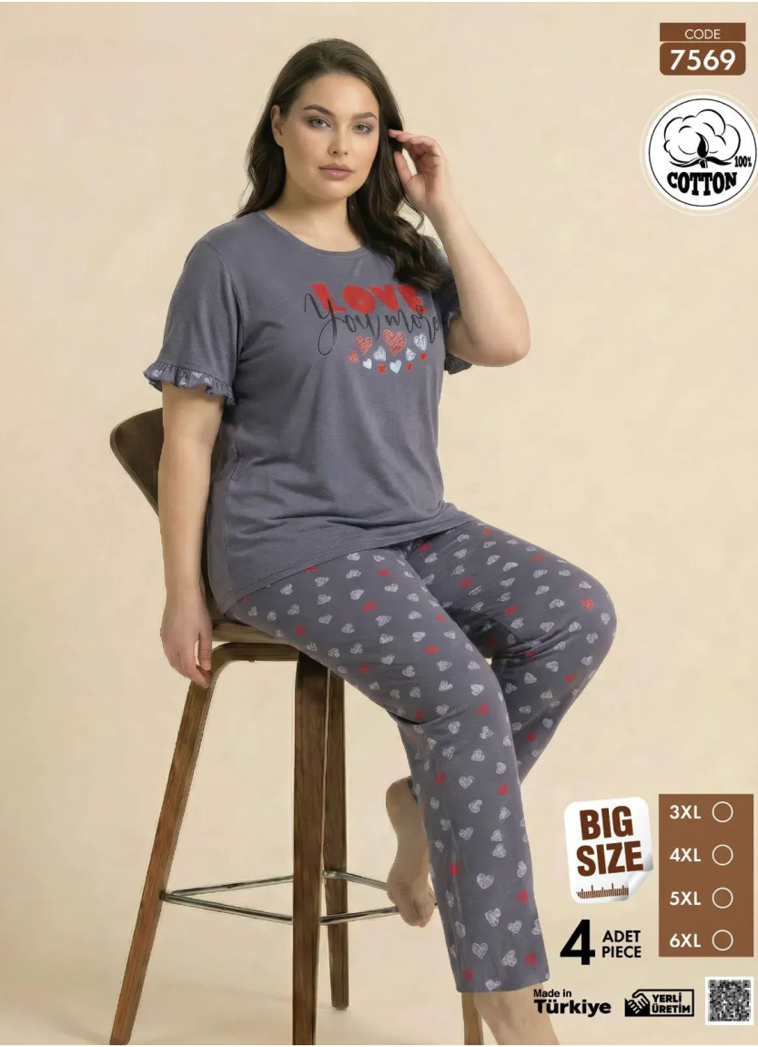 Pijamo 7569 Оптом Турция Фабрика Женская Пижама с Футболкой и Брюками из Хлопка (3XL+4XL+5XL+6XL) Cotton Купить Оптом с Турции