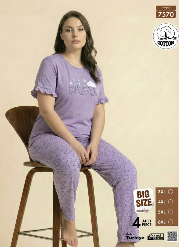 Pijamo 7570 Cotton Women's Pajama Set (3XL+4XL+5XL+6XL) — Turkish factory wholesale