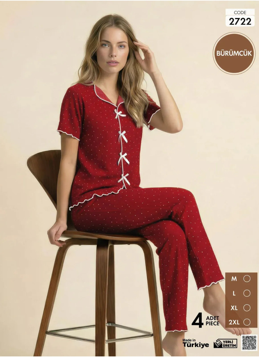 Пижама Женская на Пуговицах с Коротким Рукавом из Ткани Бюрюмчик (M+L+XL+2XL) Burumcuk Pijamo 2722 — фабричная коллекция оптом