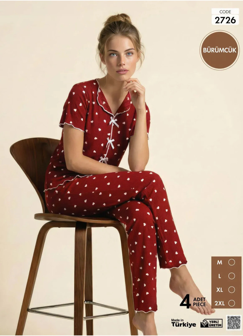 Пижама Женская на Пуговицах с Коротким Рукавом из Ткани Бюрюмчик (M+L+XL+2XL) Burumcuk Pijamo 2726 — фабричная коллекция оптом