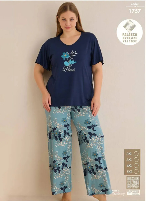 Seamlife 1757 Оптом Турция Фабрика Пижама Женская с Коротким Рукавом Вискоза (2XL+3XL+4XL+5XL) PALAZZO OVERSIZE Seamlife 1757...