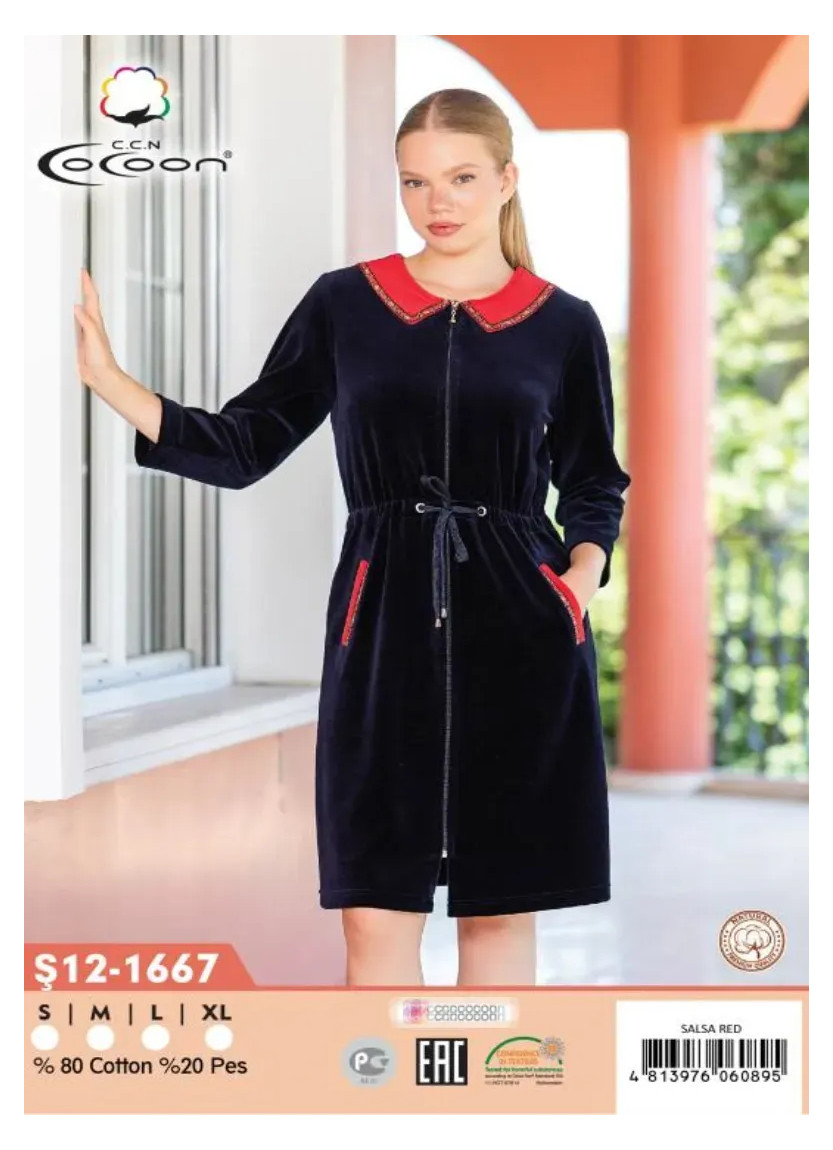 Велюровый Халат (S+M+L+XL) CCNŞ12-1667_SLR — фабричная коллекция оптом