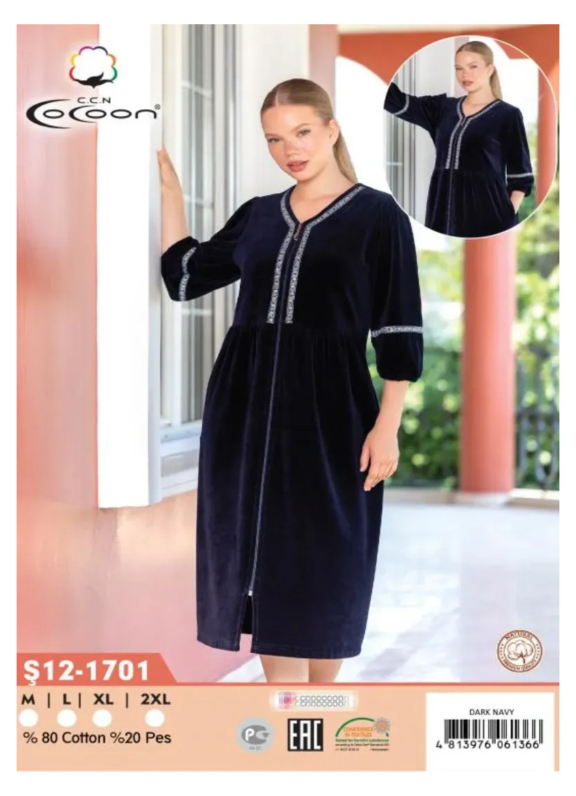 CCNŞ12-1701_DRN Velour Women's Robe (M+L+XL+2XL) — Turkish factory wholesale