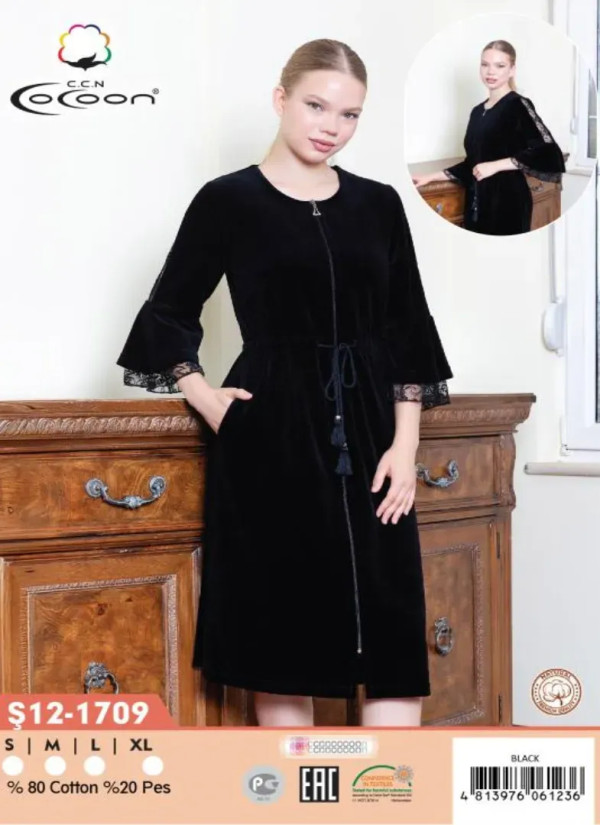 Велюровый Халат (S+M+L+XL) CCNŞ12-1709_BLA — оптом от турецкой фабрики
