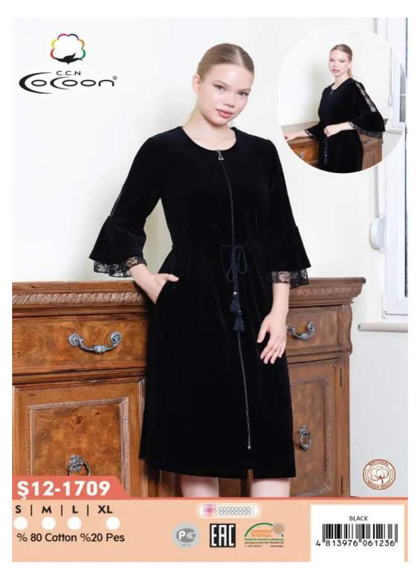 Велюровый Халат (S+M+L+XL) CCNŞ12-1709_BLA — оптом от турецкой фабрики