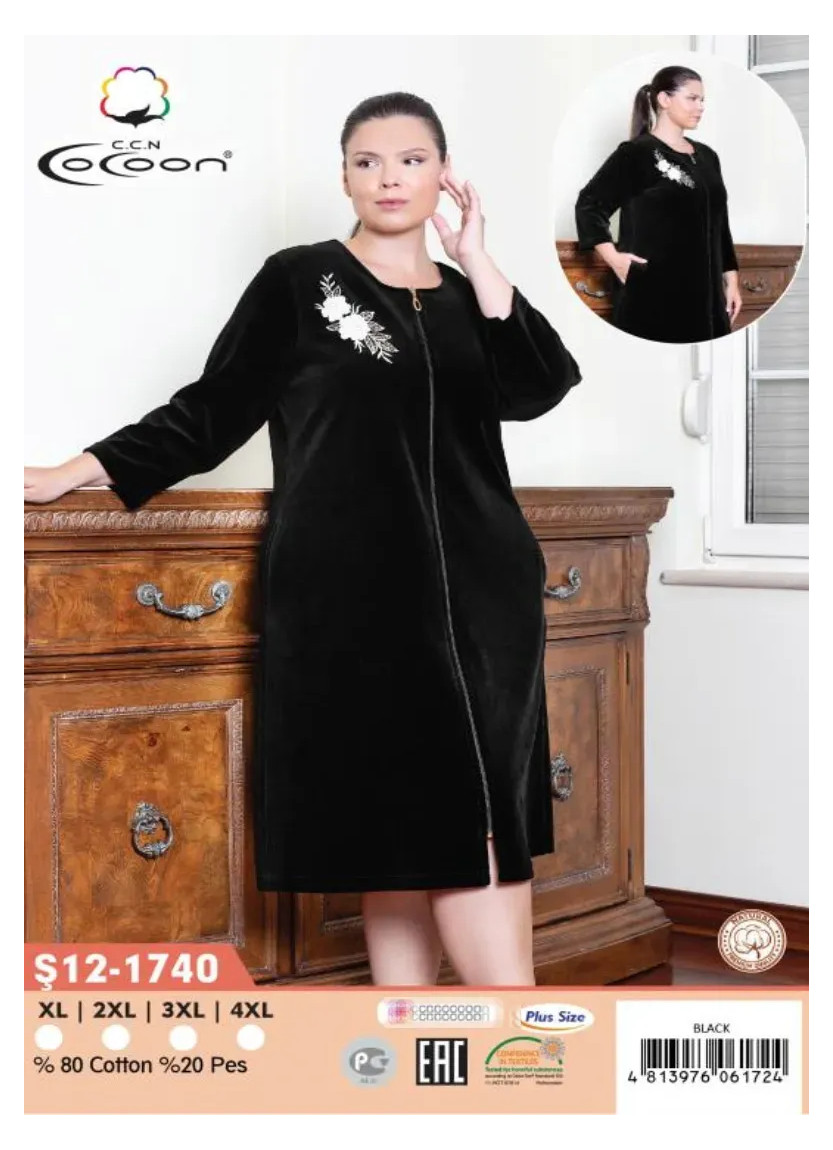 Велюровый Халат (XL+2XL+3XL+4XL) CCNŞ12-1740_BLK — прямые поставки из Турции