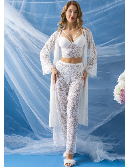 Robe with Trousers + Half Push-Up Bralette and Panties Set Gallipoli 32334 WHITE — Turkish factory wholesale