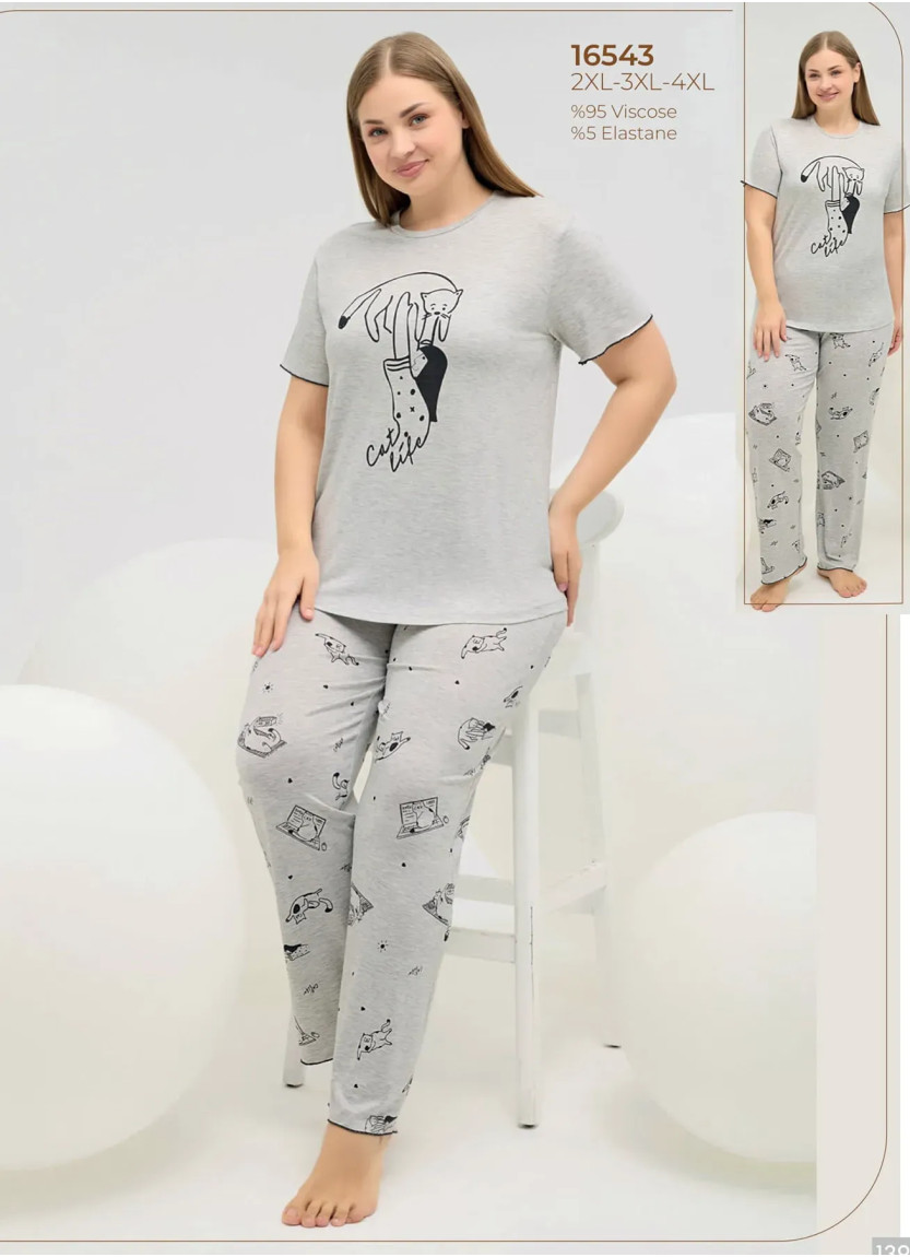 Женский Пижамный Комплект с Принтом Больших Размеров 2XL+3XL+4XL Sevim 16543 — купить оптом из Турции