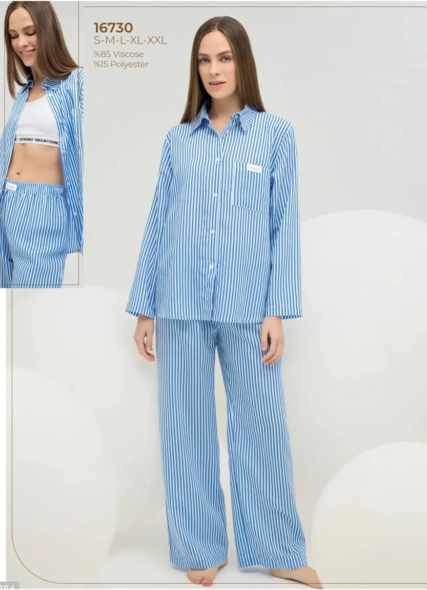 Женский Пижамный Комплект на Пуговицах с Рубашечным Воротником S+M+L+XL+2XL Sevim 16730 — оптовая поставка из Турции