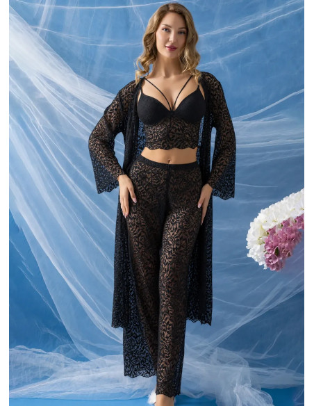 Комплект Халат с Брюками + Бралет Half Push-Up и Трусы Gallipoli 32334 BLACK — купить оптом со Стамбула