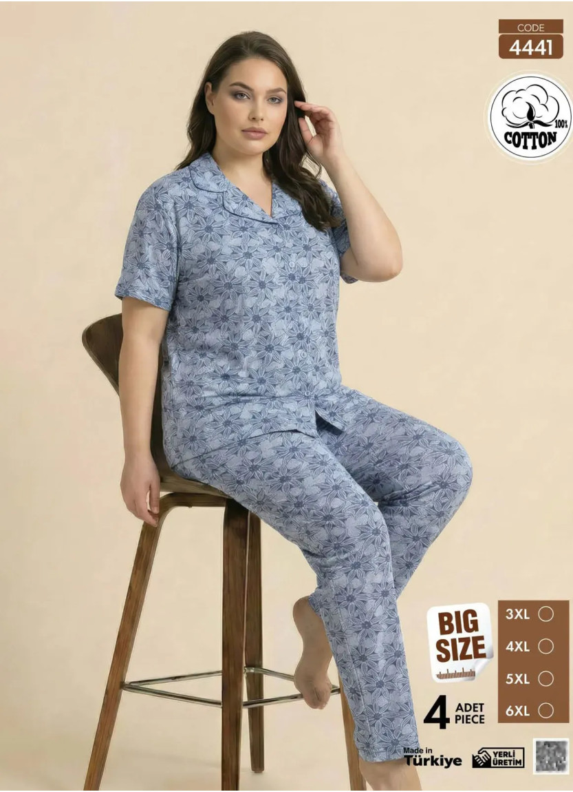 Women's Short-Sleeve Button-Down Cotton Pajamas Viscosa (3XL+4XL+5XL+6XL) Pijamo 4441 — factory-direct from Turkey