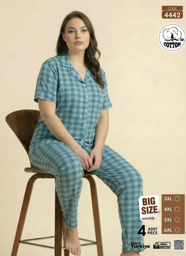 Women's Short-Sleeve Button-Down Cotton Pajamas Viscosa (3XL+4XL+5XL+6XL) Pijamo 4442 — Turkish textile wholesale
