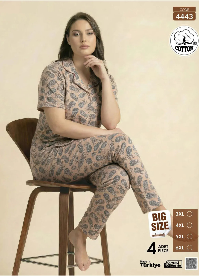 Women's Short-Sleeve Button-Down Cotton Pajamas Viscosa (3XL+4XL+5XL+6XL) Pijamo 4443 — direct Turkish factory supply