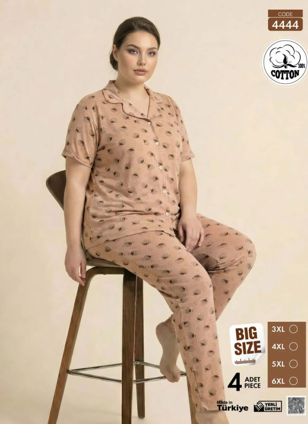 Women's Short-Sleeve Button-Down Cotton Pajamas Viscosa (3XL+4XL+5XL+6XL) Pijamo 4444 — wholesale from Turkey