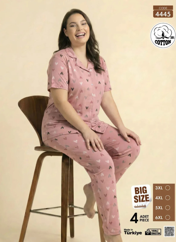 Women's Short-Sleeve Button-Down Cotton Pajamas Viscosa (3XL+4XL+5XL+6XL) Pijamo 4445 — factory-direct from Turkey