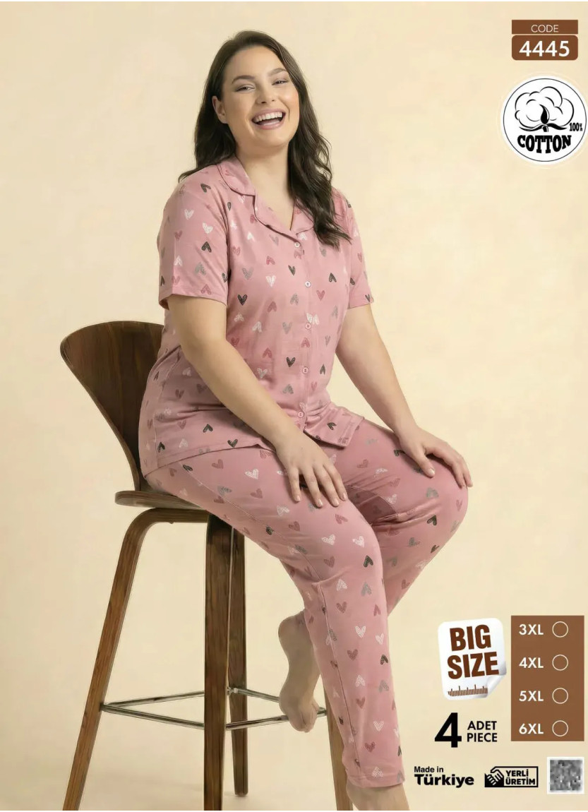 Women's Short-Sleeve Button-Down Cotton Pajamas Viscosa (3XL+4XL+5XL+6XL) Pijamo 4445 — factory-direct from Turkey