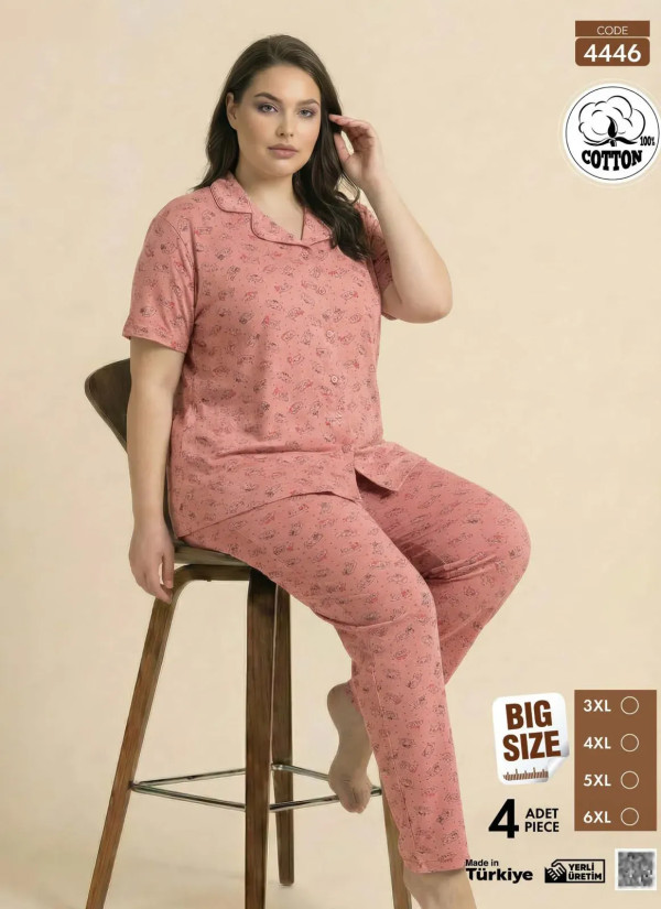 Women's Short-Sleeve Button-Down Cotton Pajamas Viscosa (3XL+4XL+5XL+6XL) Pijamo 4446 — Turkish textile wholesale