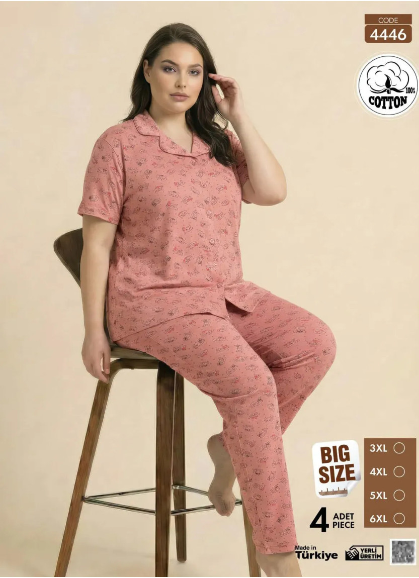 Women's Short-Sleeve Button-Down Cotton Pajamas Viscosa (3XL+4XL+5XL+6XL) Pijamo 4446 — Turkish textile wholesale