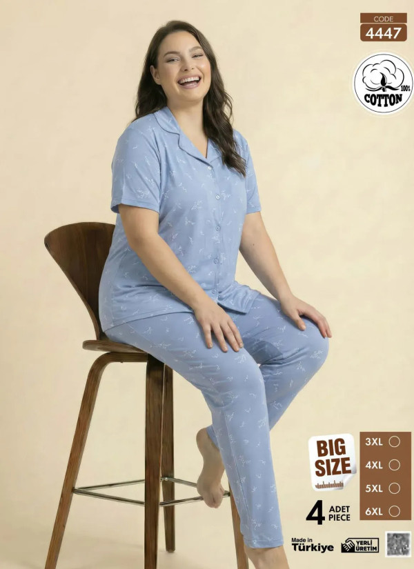 Women's Short-Sleeve Button-Down Cotton Pajamas Viscosa (3XL+4XL+5XL+6XL) Pijamo 4447 — direct Turkish factory supply
