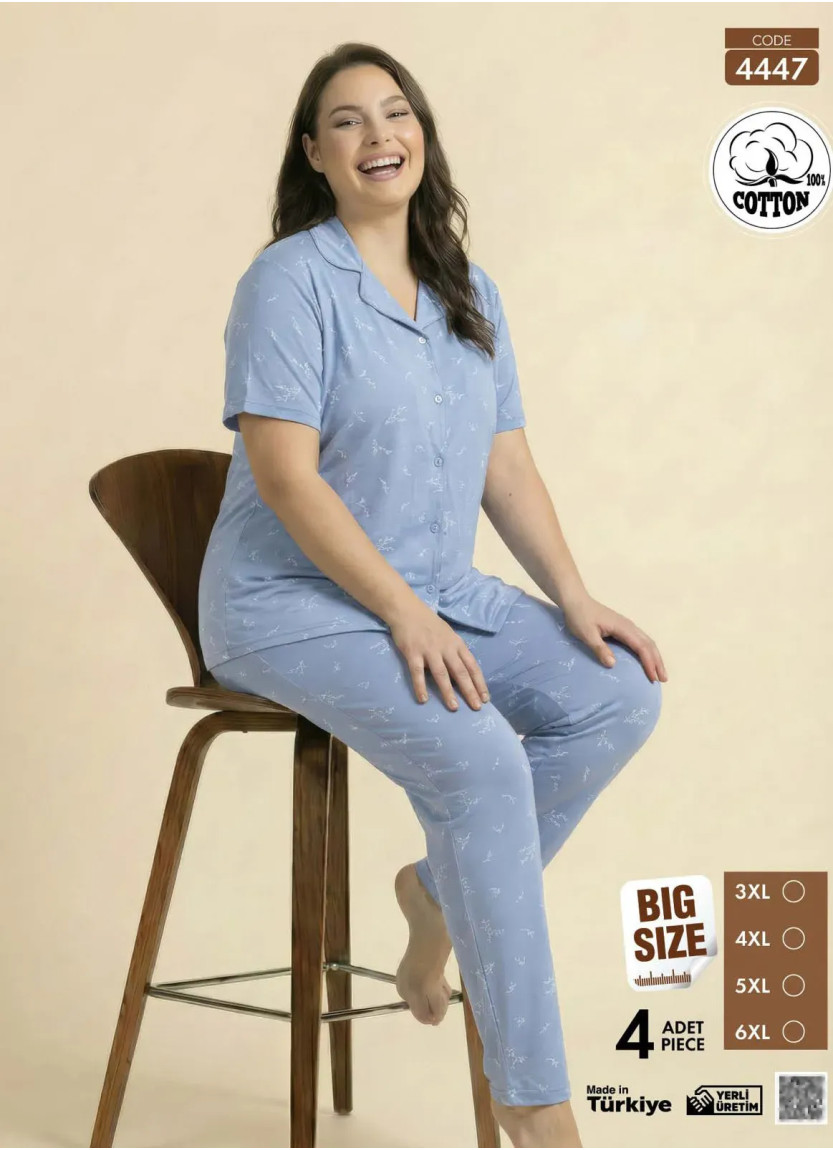 Women's Short-Sleeve Button-Down Cotton Pajamas Viscosa (3XL+4XL+5XL+6XL) Pijamo 4447 — direct Turkish factory supply