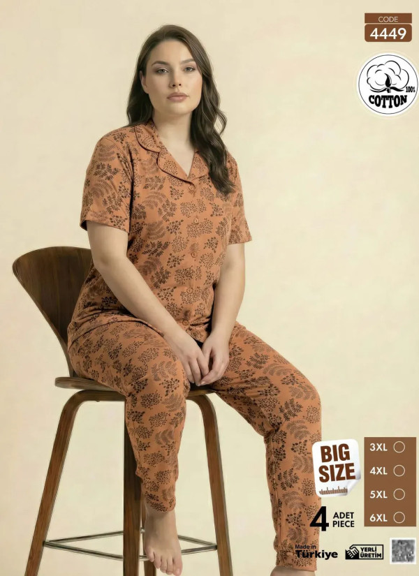 Women's Short-Sleeve Button-Down Cotton Pajamas Viscosa (3XL+4XL+5XL+6XL) Pijamo 4449 — wholesale from Turkey
