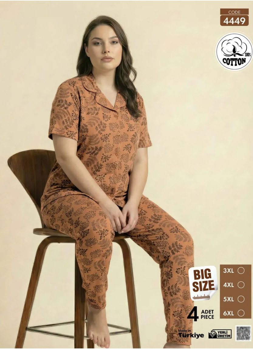 Women's Short-Sleeve Button-Down Cotton Pajamas Viscosa (3XL+4XL+5XL+6XL) Pijamo 4449 — wholesale from Turkey