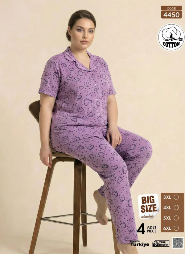Women's Short-Sleeve Button-Down Cotton Pajamas Viscosa (3XL+4XL+5XL+6XL) Pijamo 4450 — factory-direct from Turkey