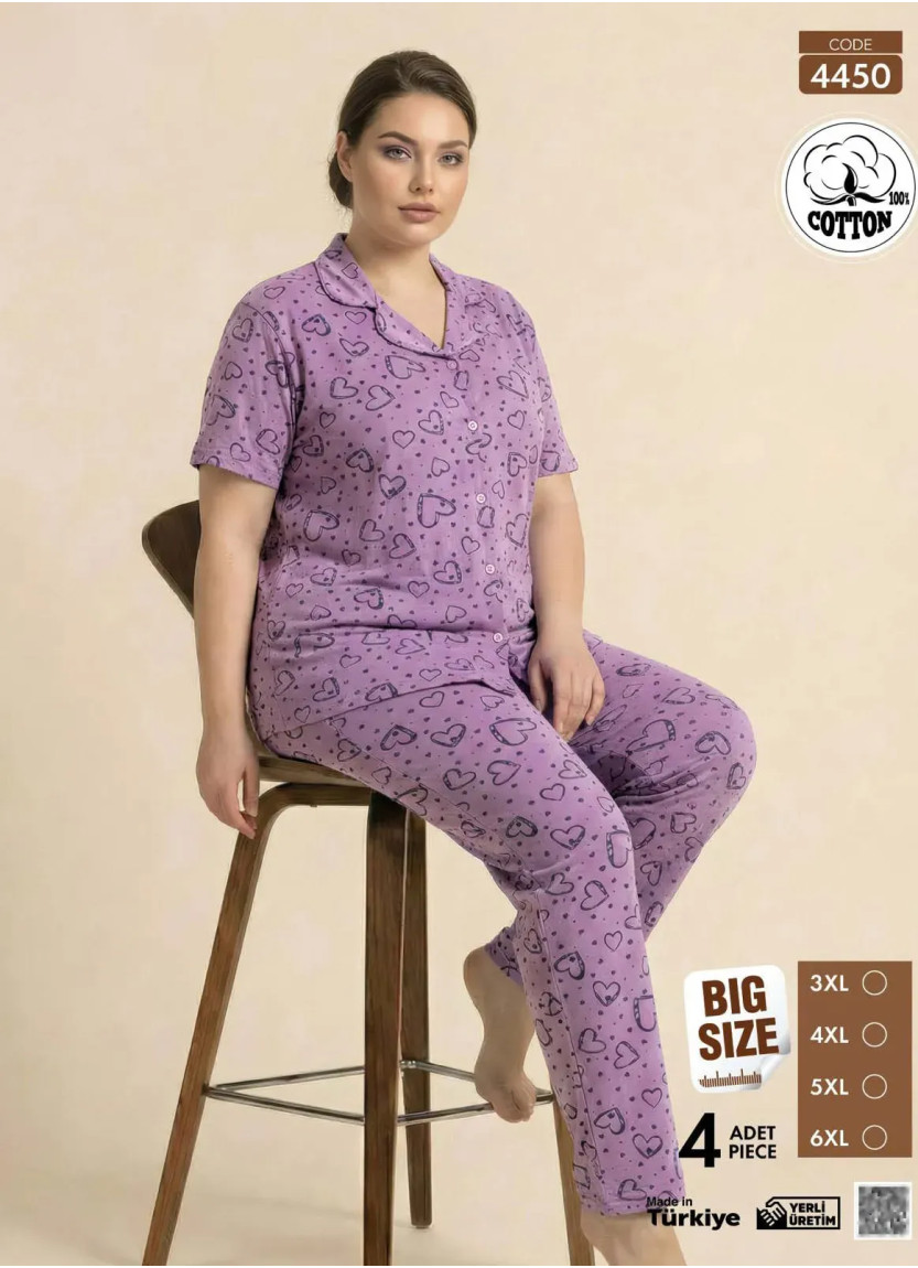 Women's Short-Sleeve Button-Down Cotton Pajamas Viscosa (3XL+4XL+5XL+6XL) Pijamo 4450 — factory-direct from Turkey