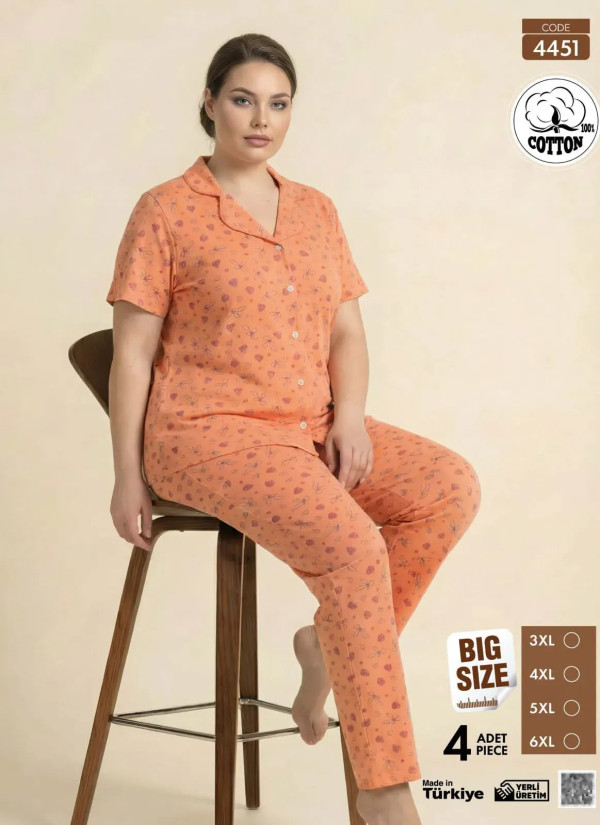 Women's Short-Sleeve Button-Down Cotton Pajamas Viscosa (3XL+4XL+5XL+6XL) Pijamo 4451 — Turkish textile wholesale