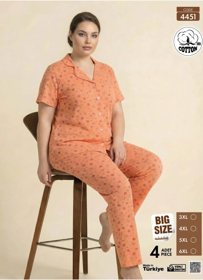 Пижама Женская на Пуговицах с Коротким Рукавом из Хлопка (3XL+4XL+5XL+6XL) Viscosa Pijamo 4451 — турецкий текстиль оптом