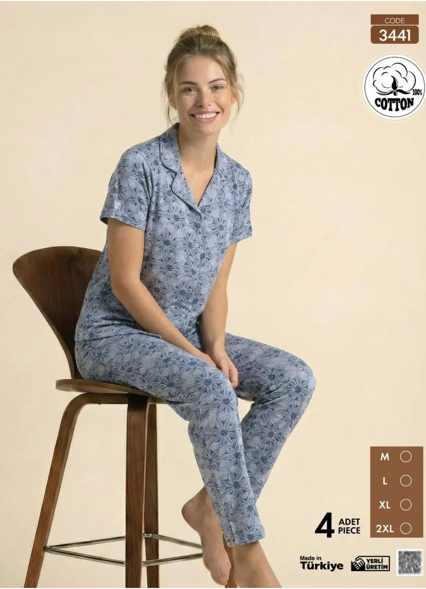 Пижама Женская на Пуговицах с Коротким Рукавом из Хлопка (M+L+XL+2XL) Viscosa Pijamo 3441 — купить оптом из Турции