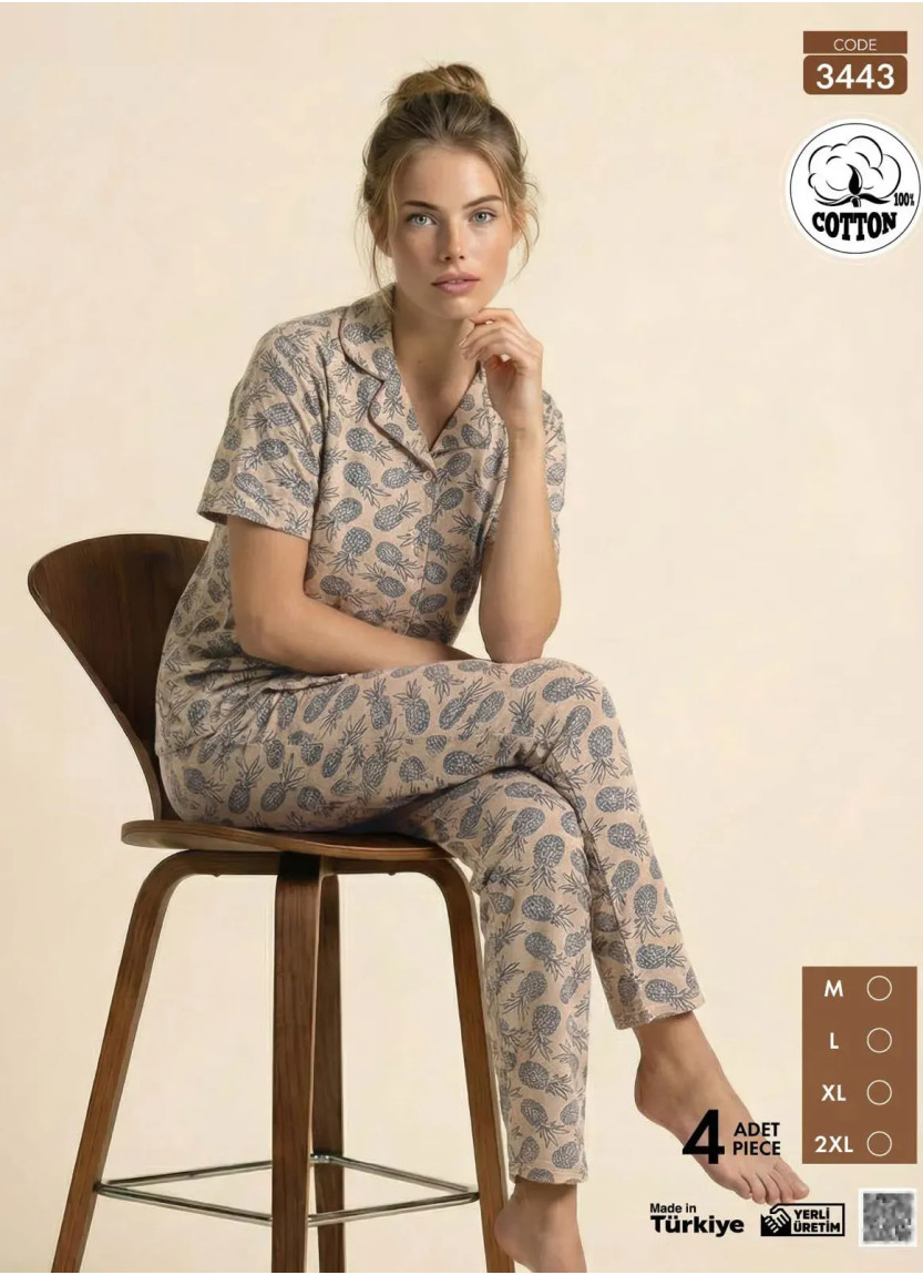 Пижама Женская на Пуговицах с Коротким Рукавом из Хлопка (M+L+XL+2XL) Viscosa Pijamo 3443 — турецкий текстиль оптом