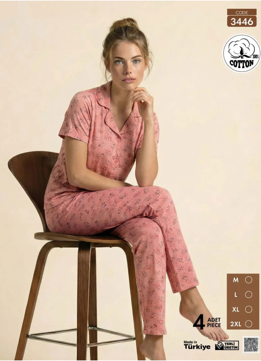 Women's Short-Sleeve Button-Down Cotton Pajamas Viscosa (M+L+XL+2XL) Pijamo 3446 — factory-direct from Turkey