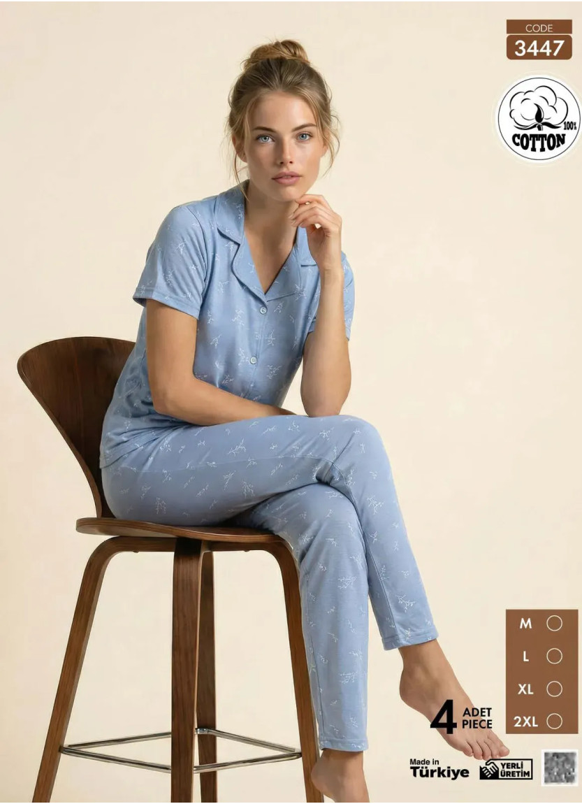 Пижама Женская на Пуговицах с Коротким Рукавом из Хлопка (M+L+XL+2XL) Viscosa Pijamo 3447 — турецкий текстиль оптом