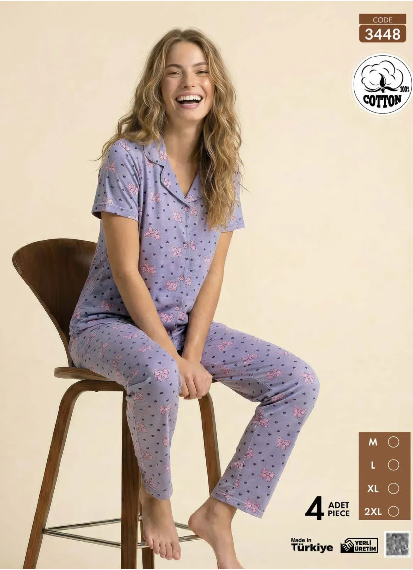 Пижама Женская на Пуговицах с Коротким Рукавом из Хлопка (M+L+XL+2XL) Viscosa Pijamo 3448 — оптом для магазинов и бутиков