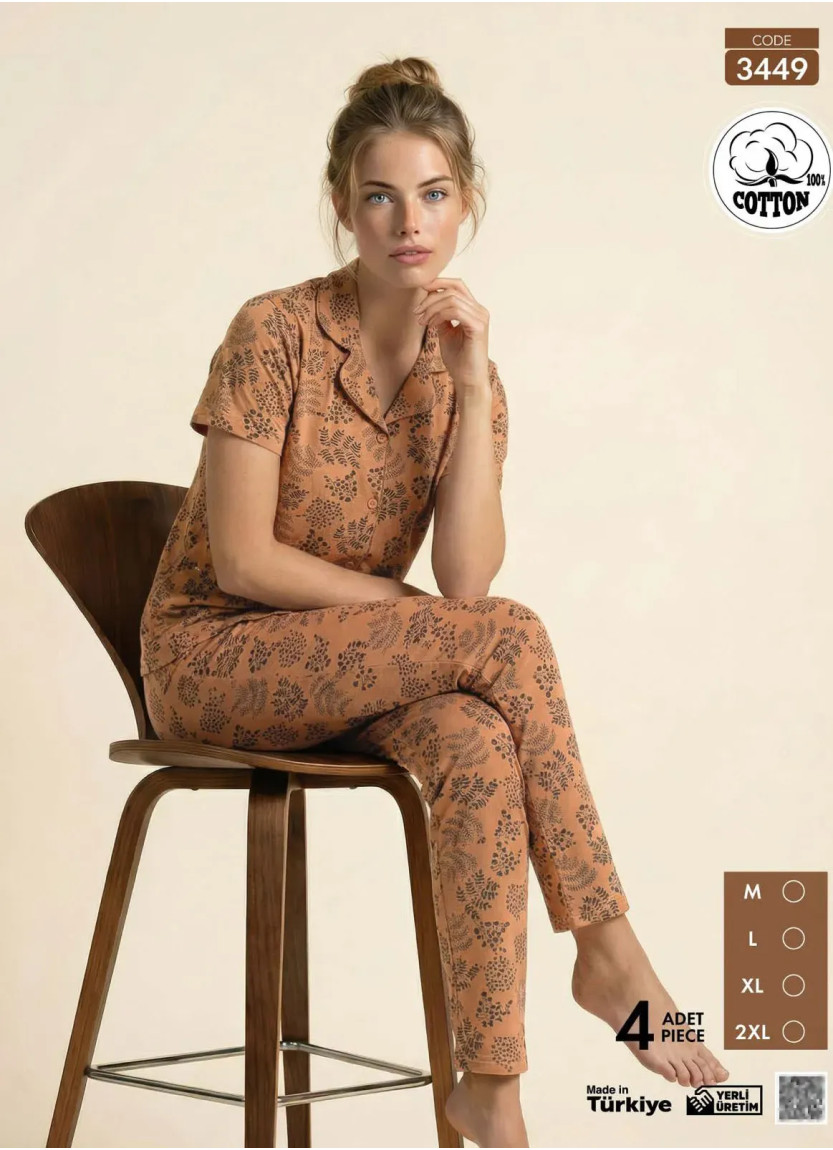 Пижама Женская на Пуговицах с Коротким Рукавом из Хлопка (M+L+XL+2XL) Viscosa Pijamo 3449 — купить оптом из Турции