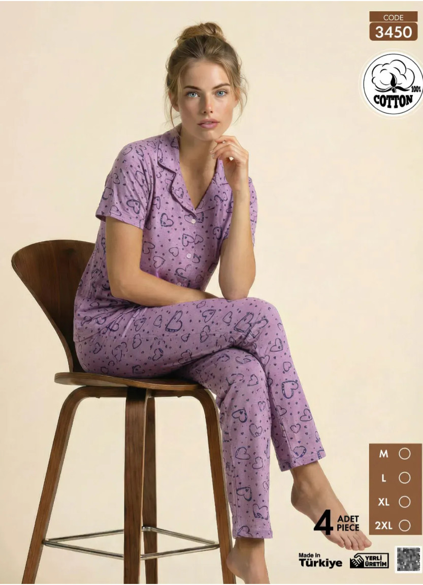 Пижама Женская на Пуговицах с Коротким Рукавом из Хлопка (M+L+XL+2XL) Viscosa Pijamo 3450 — оптовая поставка из Турции