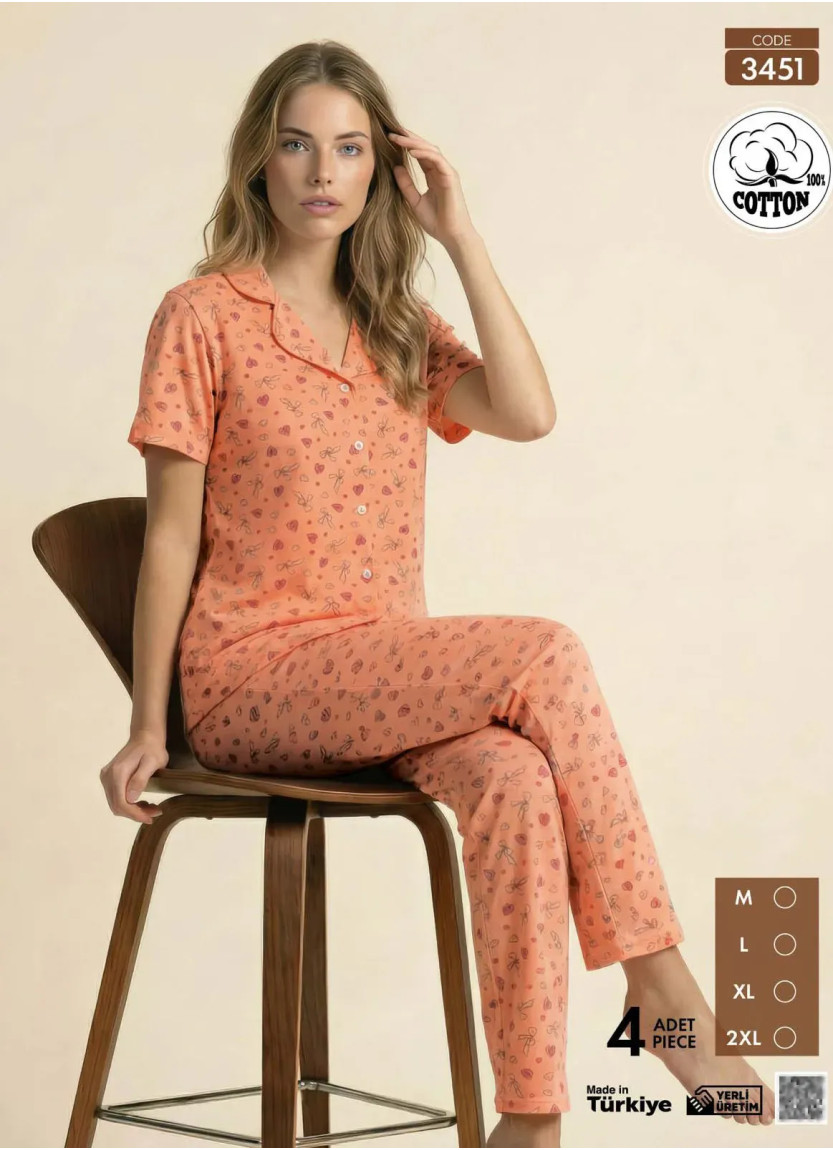 Пижама Женская на Пуговицах с Коротким Рукавом из Хлопка (M+L+XL+2XL) Viscosa Pijamo 3451 — турецкий текстиль оптом