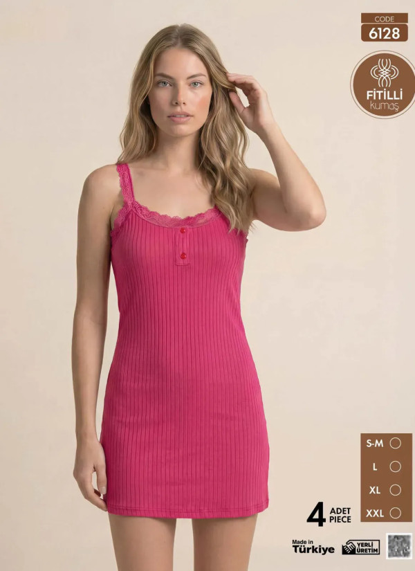 Women's Ribbed-Knit Nightdress with Lace (S/M+L+XL+2XL) Pijamo 6128 — factory-direct from Turkey