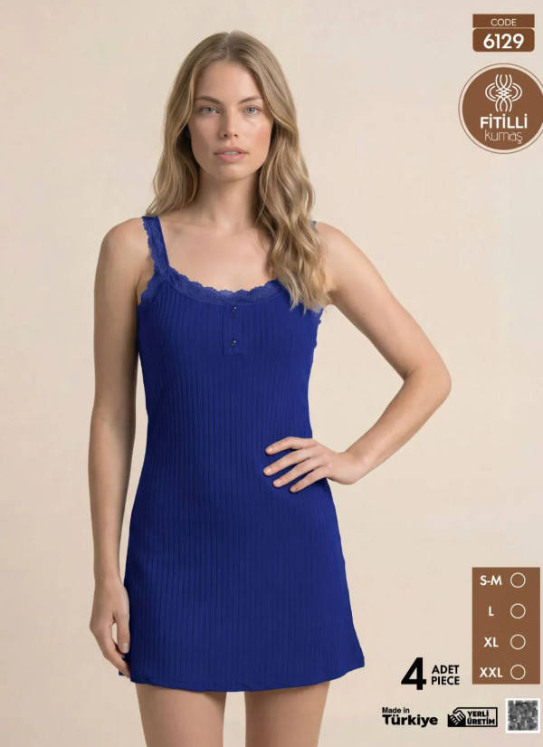 Women's Ribbed-Knit Nightdress with Lace (S/M+L+XL+2XL) Pijamo 6129 — Turkish textile wholesale