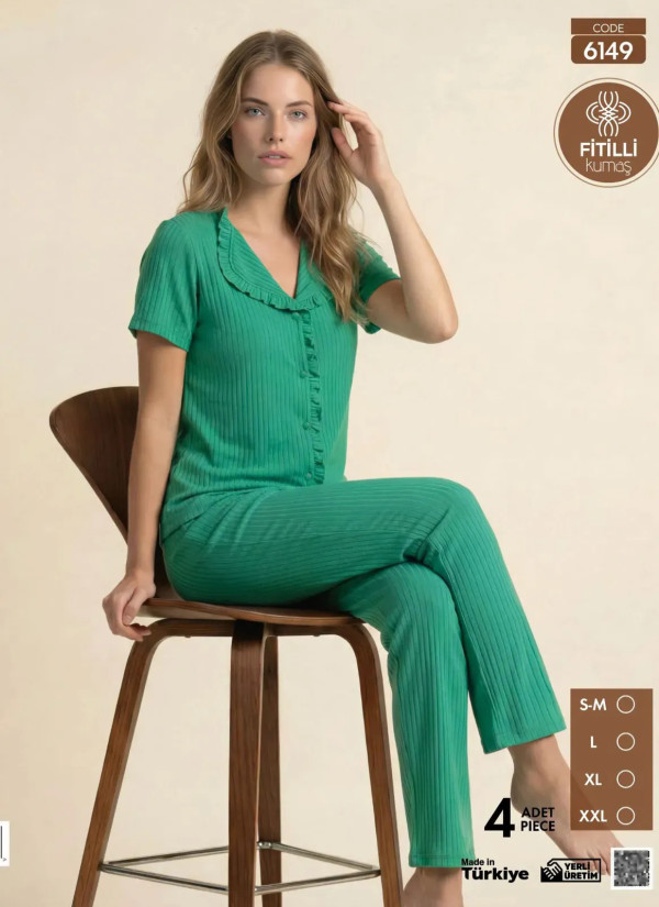 Women's Ribbed-Knit Button-Down Pajama Set with Trousers (S/M+L+XL+2XL) Pijamo 6149 — Turkey wholesale collection