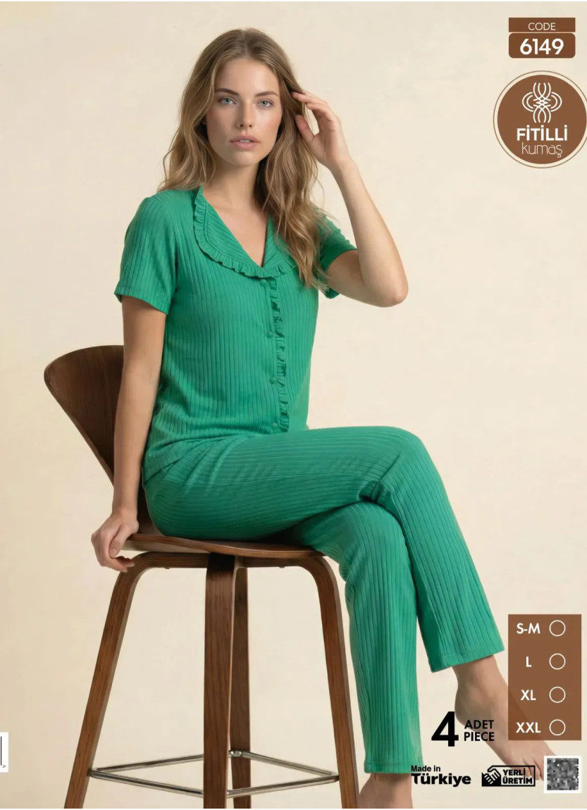 Women's Ribbed-Knit Button-Down Pajama Set with Trousers (S/M+L+XL+2XL) Pijamo 6149 — Turkey wholesale collection