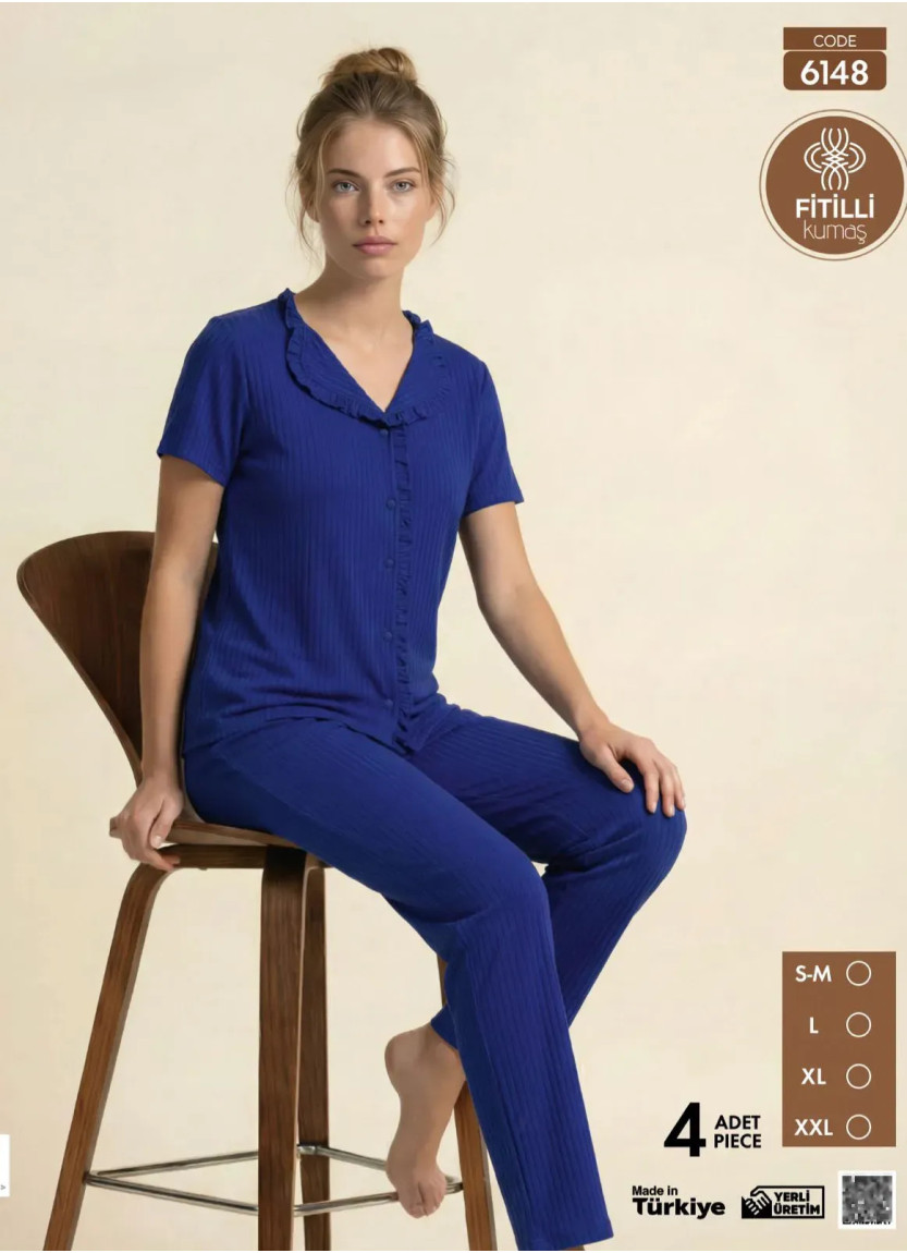 Пижама Женская из Рельефного Трикотажа на Пуговицах с Брюками (S/M+L+XL+2XL) FITILLI 6148 Pijamo 614 — оптом от турецкой фабрики