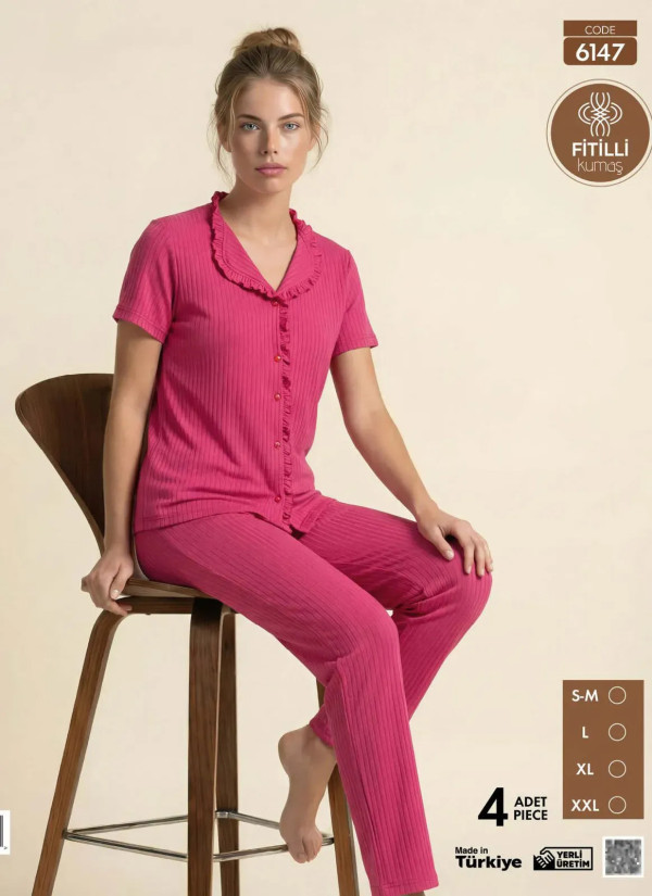Women's Ribbed-Knit Button-Down Pajama Set with Trousers (S/M+L+XL+2XL) Pijamo 6147 — Istanbul wholesale supplier