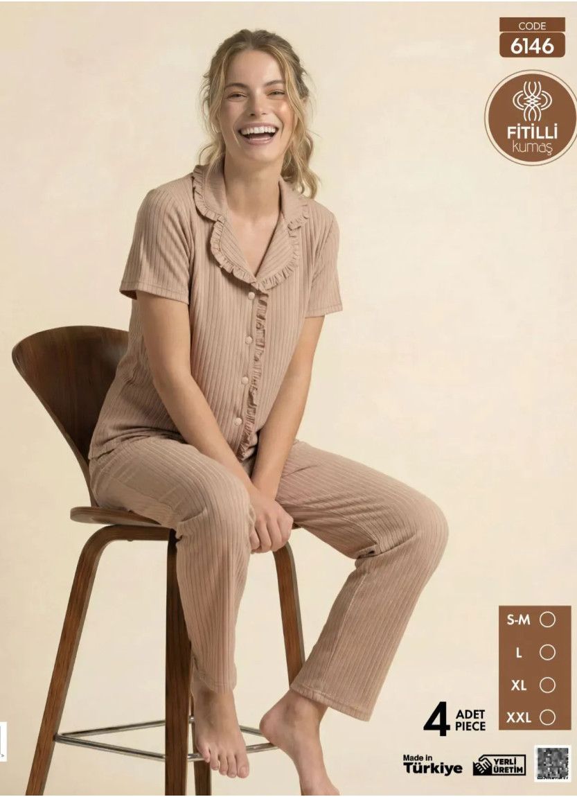 Women's Ribbed-Knit Button-Down Pajama Set with Trousers (S/M+L+XL+2XL) Pijamo 6146 — wholesale for boutiques